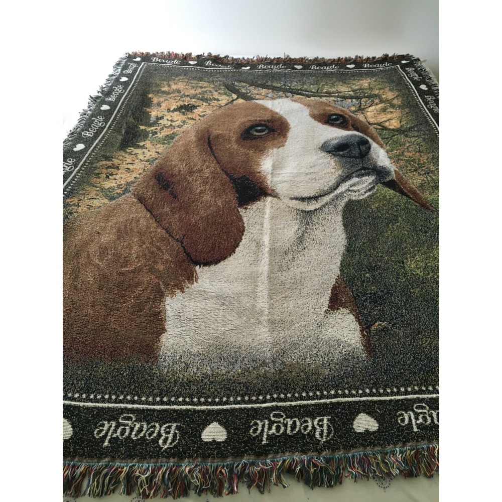 The Danbury Mint Beagle Dog Woven Tapestry Throw Blanket 70"x50" Fringe Cotton
